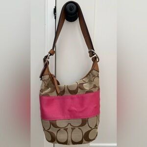 Vintage Coach Signature rugby stripe tan Barbie pink bucket bag purse adjustable